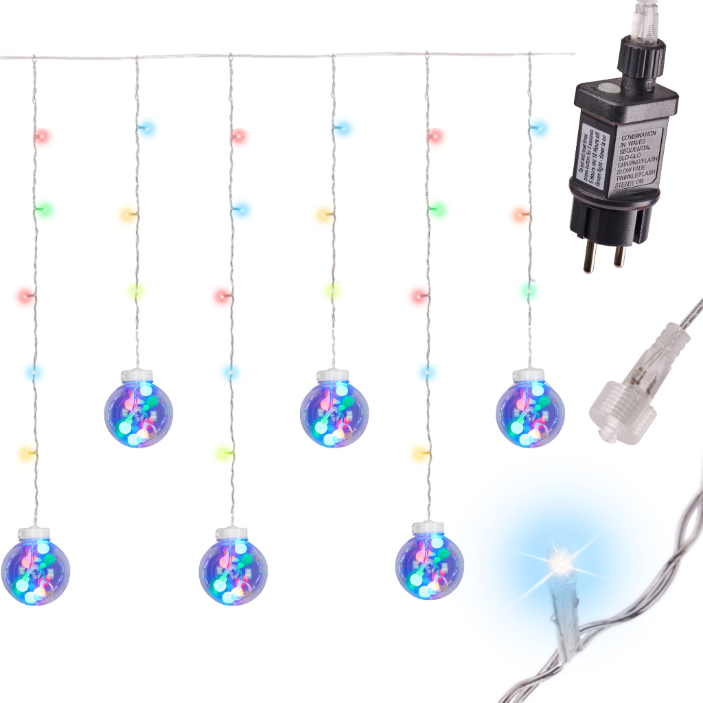 LED ZÁVESNÉ GUĽOVÉ SVIETIDLÁ 3M 108LED VIACFAREBNÉ S KONEKTOROM 8 REŽIMOV SVIETENIA